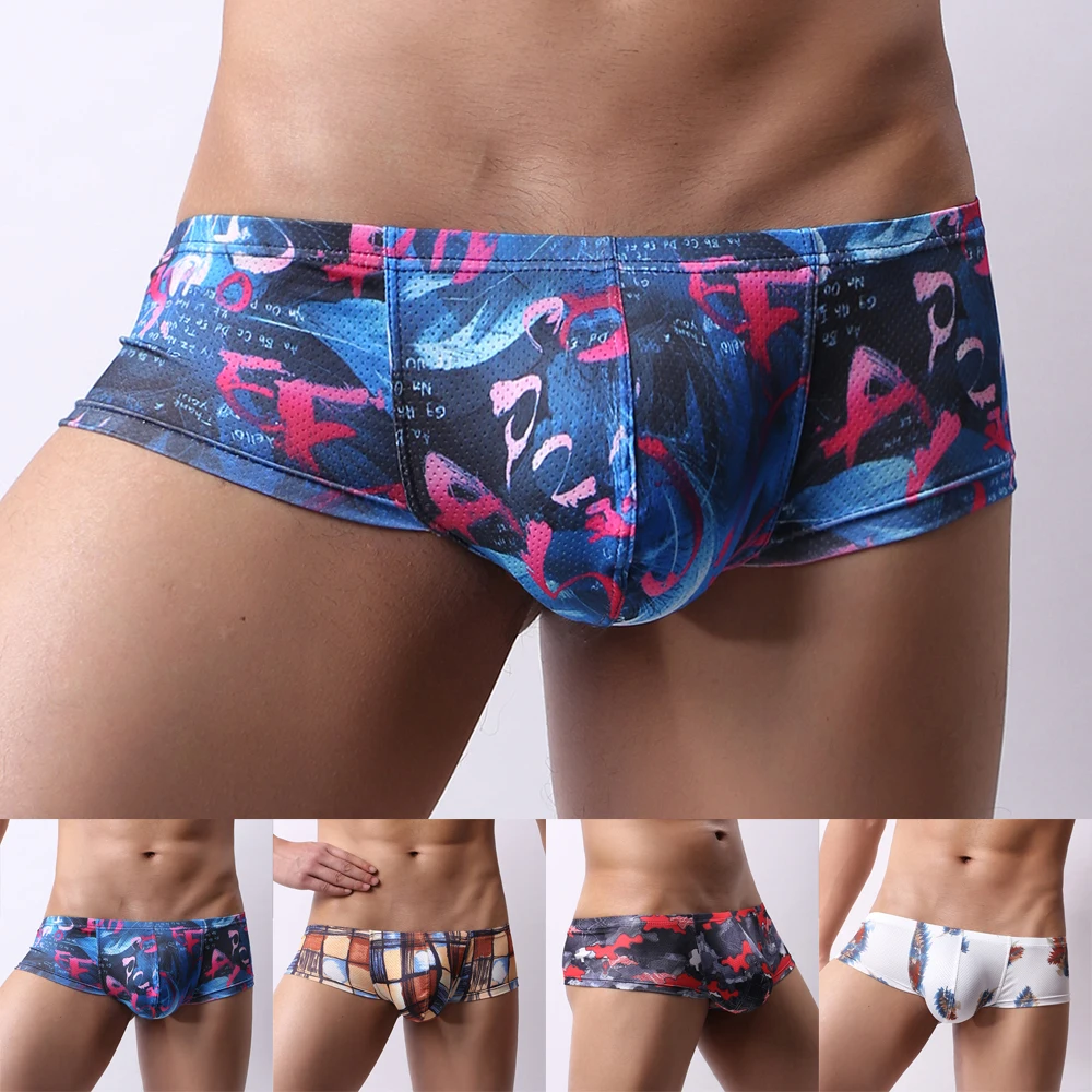 Men Underwear Sexy Low Waist U Convex Bulge Pouch Briefs Printed Mesh Male Panties Cueca Tanga Comfortable Soft Underpants