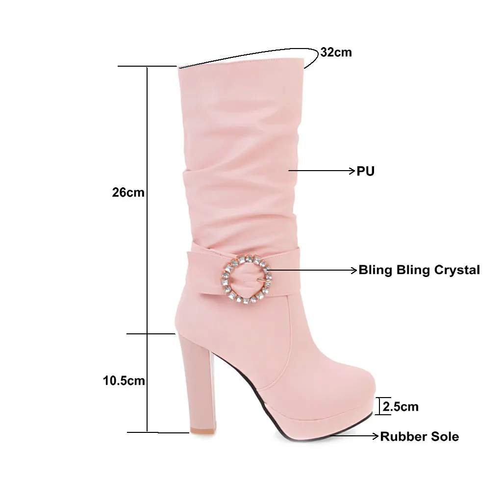 2024 Warm Mid Calf Boots Autumn Winter Crystal Buckle PU Leather Women Shoes Pointed Toe Fashion Med Heel Booties Size 34-43