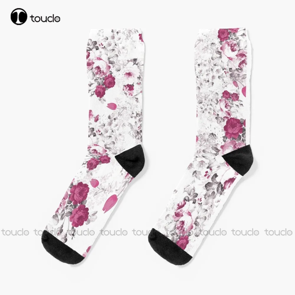 Elegant Chic Vintage Pink Gray Floral Pattern Socks Men\'S Athletic Socks Christmas New Year Gift Custom Gift Unisex Adult Sock