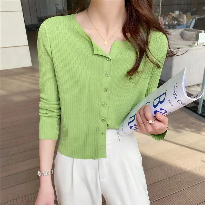 Knitted Sweater Coat Cardigan Women Korean Short Sweater Long Sleeve V Neck Green Blue Air Conditioning Thin Coat Sweater