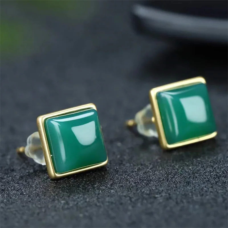 Hot Selling Natural Hand-carved Gold Color 24k Inlay Jade Square Earrings Studs Fashion Jewelry Men Women Luck Gifts