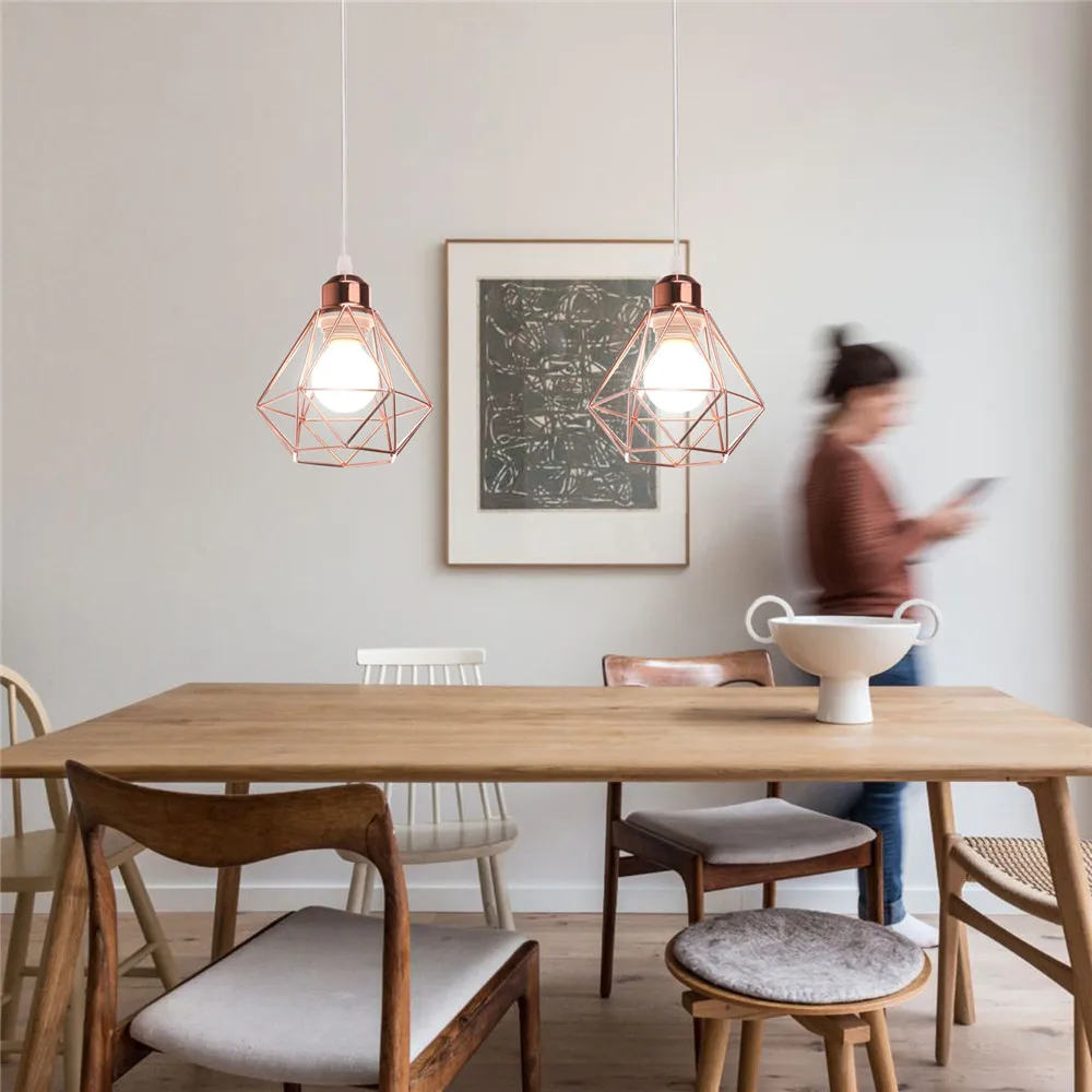 Pendant Light Lamparas De Techo Colgante Modern Hanging Lighting Iron Cage Loft Kitchen Living Room Pendant Lamp E27 Rose Gold
