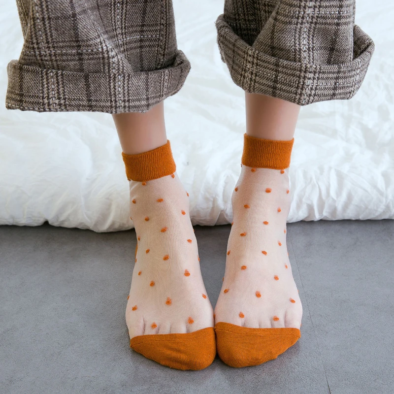 Transparent Cute Socks Ultra-Thin Glass Lace Silk Socks Women Harajuku Japanese Style Sox Girl Sweet Candy Color Thin Hosiery