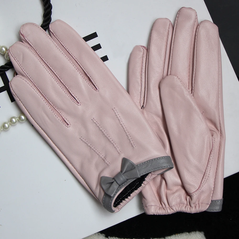 Real Leather Gloves New Fashion Women Ladies Butterfly Bow Wrist Soft Autumn Winter Thermal Sheepskin Gloves Brand High-Quality