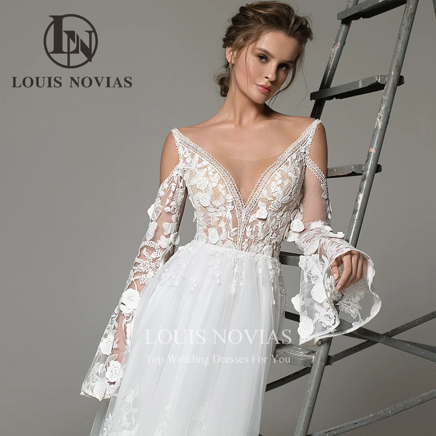 LOUIS NOVIAS-vestido De Novia bohemio, corte en A, Espalda descubierta, ilusión De encaje, cuello en V, bordado, manga acampanada, Vestidos De Novia