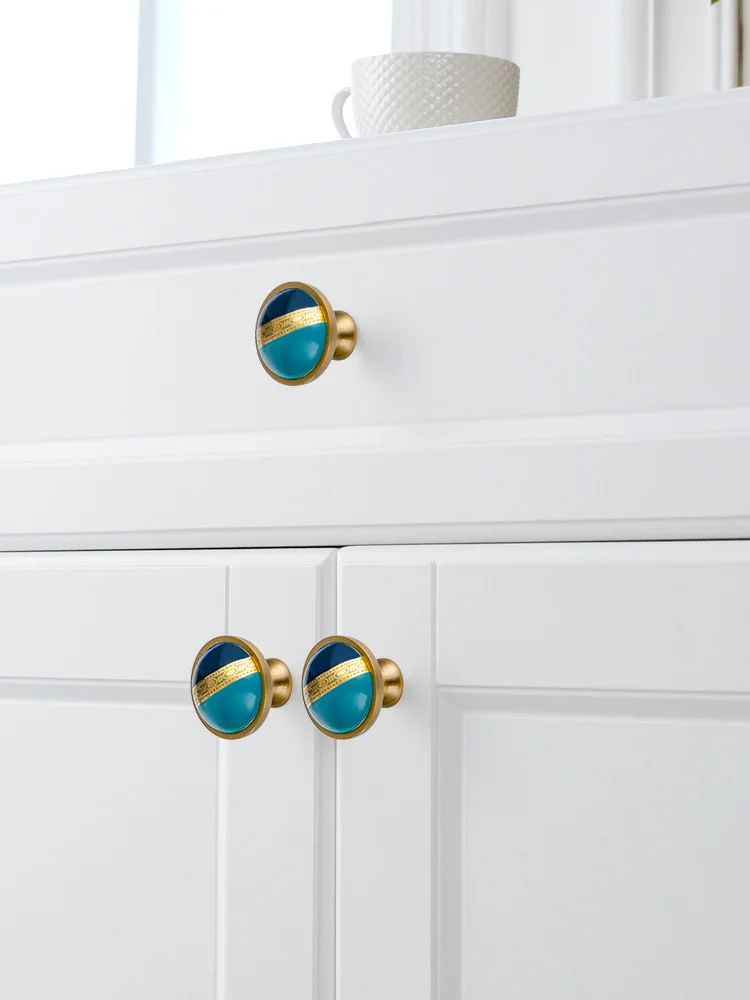 American wardrobe handle door light luxury golden European style handle kitchen cabinet drawer Blue ceramic furniture handle