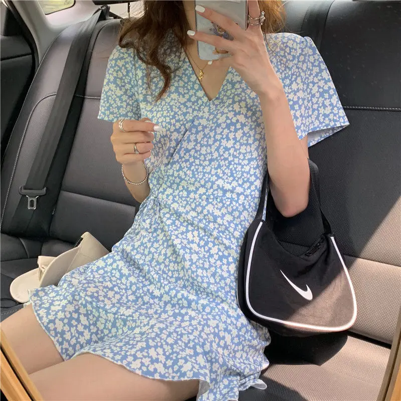 Vintage Tender Short Sleeve Dress Women Slim V-neck Elegant Retro Floral Printed All-match Daily Female Korean Chic Vestidos OL
