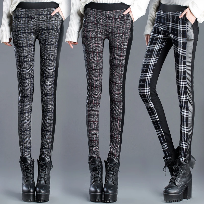 Winter Women 2020 Vintage Plaid Female Bodycon Leggings Elastic High Waist Trousers Fleece Lady PU Patchwork Pencil Pants