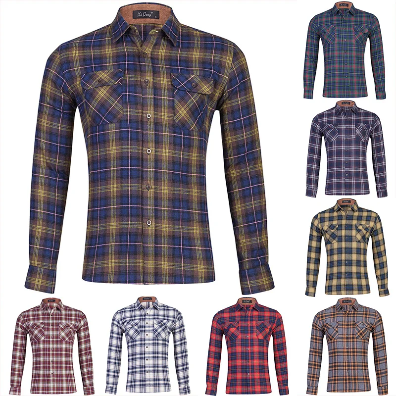 Flannel Plaid Shirts for Men 100% Cotton Checkered Casual Long Sleeve Warm Winter Shirt 2 Pocket Male Clothing Ware EU US Size