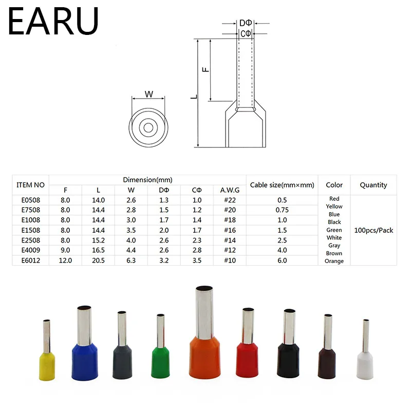 100pcs/Pack E0508 E7508 E1008 E1508 E2508 Insulated Ferrules Terminal Block Cord End Wire Connector Electrical Crimp Terminator