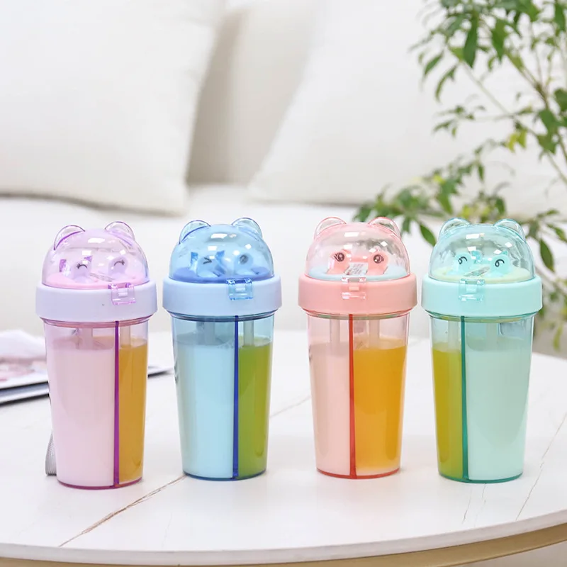 420ml creative cute cup of double-drinking plastic cup portable separated children\'s water cup smoothie boba milk tea straw cup