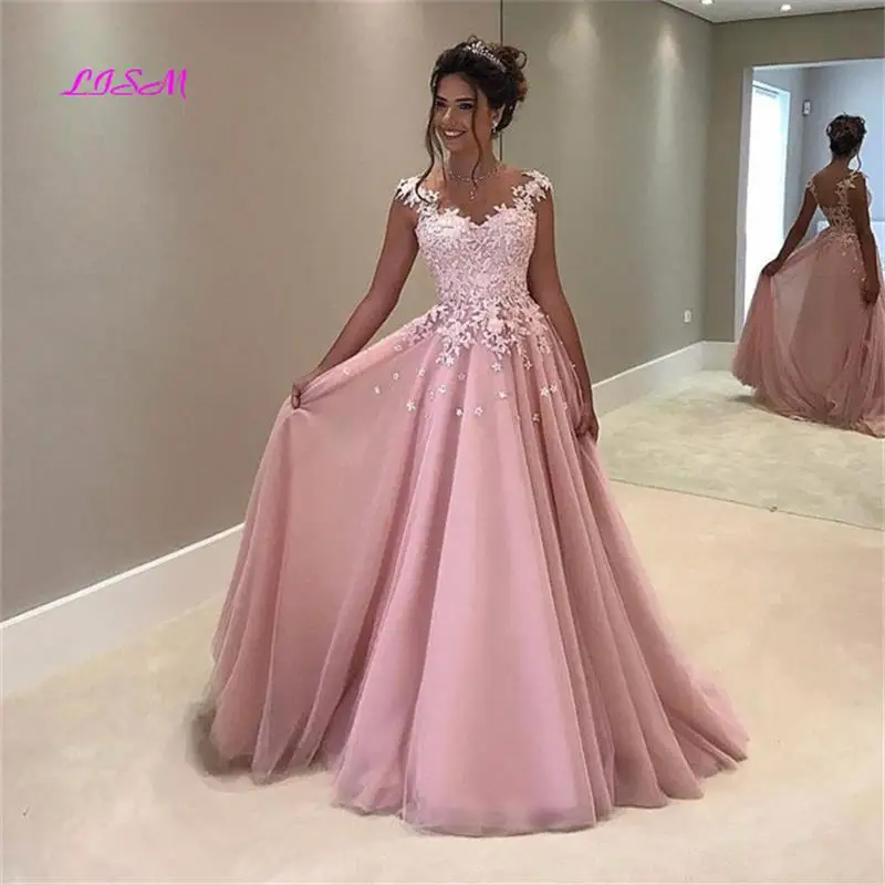 Gaun Malam Muslim Merah Muda Gaun Malam Prom Panjang Arab Saudi Applique Renda Tulle Lengan Cap A-Line Gaun Malam