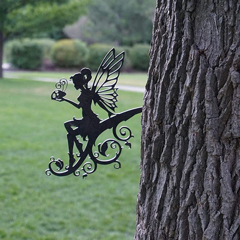 Decorazione di rami di albero di Silhouette di fata in metallo, accessori per decorazioni per esterni da giardino, statua di fata del cortile, decorazione artistica