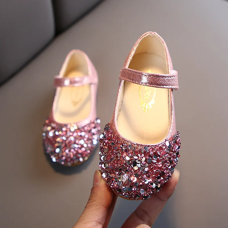 Girls Rhinestone Princess Shoes Flats Baby Dance Party Girls Shoes Sweet Antiskid Soft Children Bling Kids Shoes 2022New E724