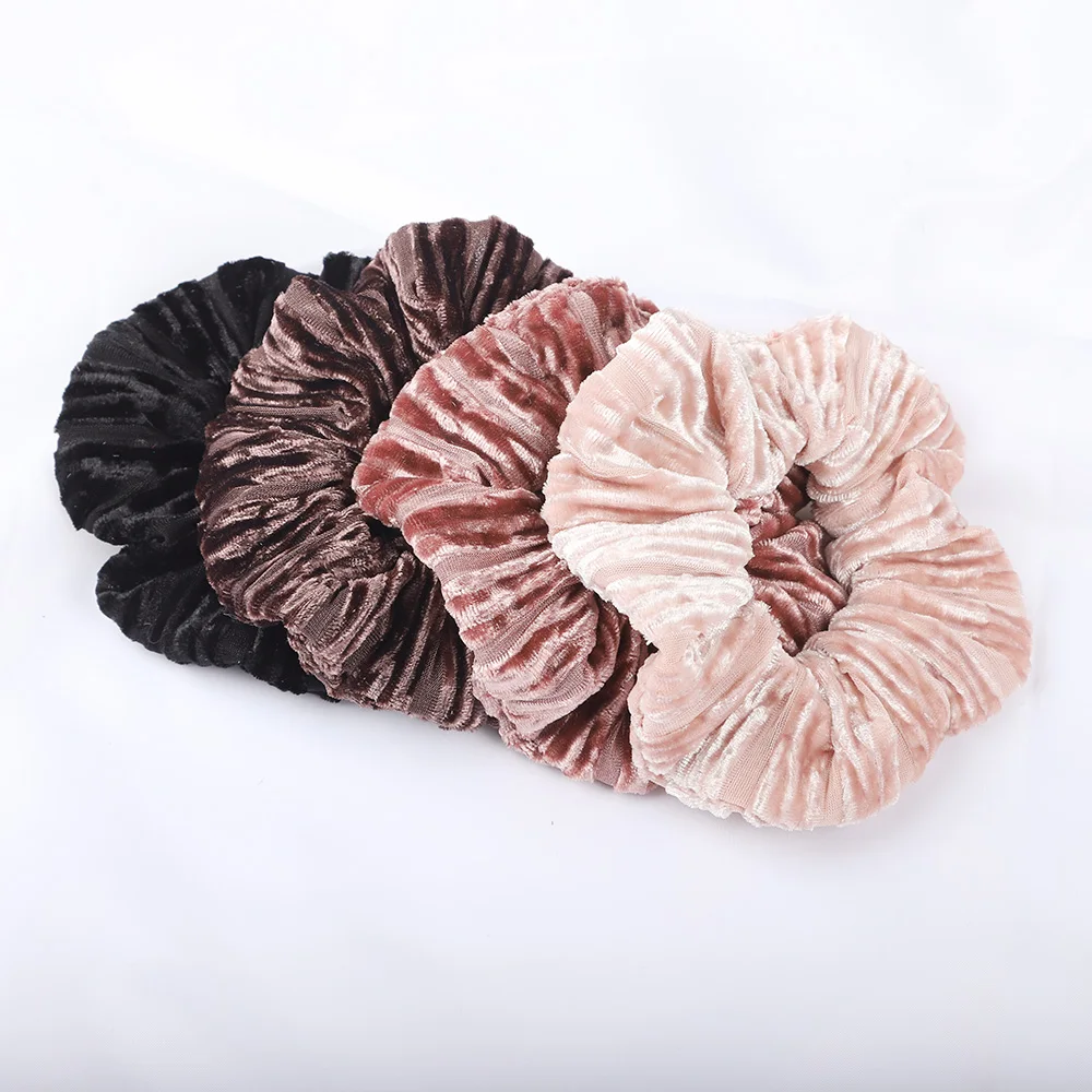 4PCS Winter Velvet Scrunchies Elastic Hair Bands Women Girls Fold Stripe Ponytail Holder Hair Ties Rubber Bands Hair Accessories