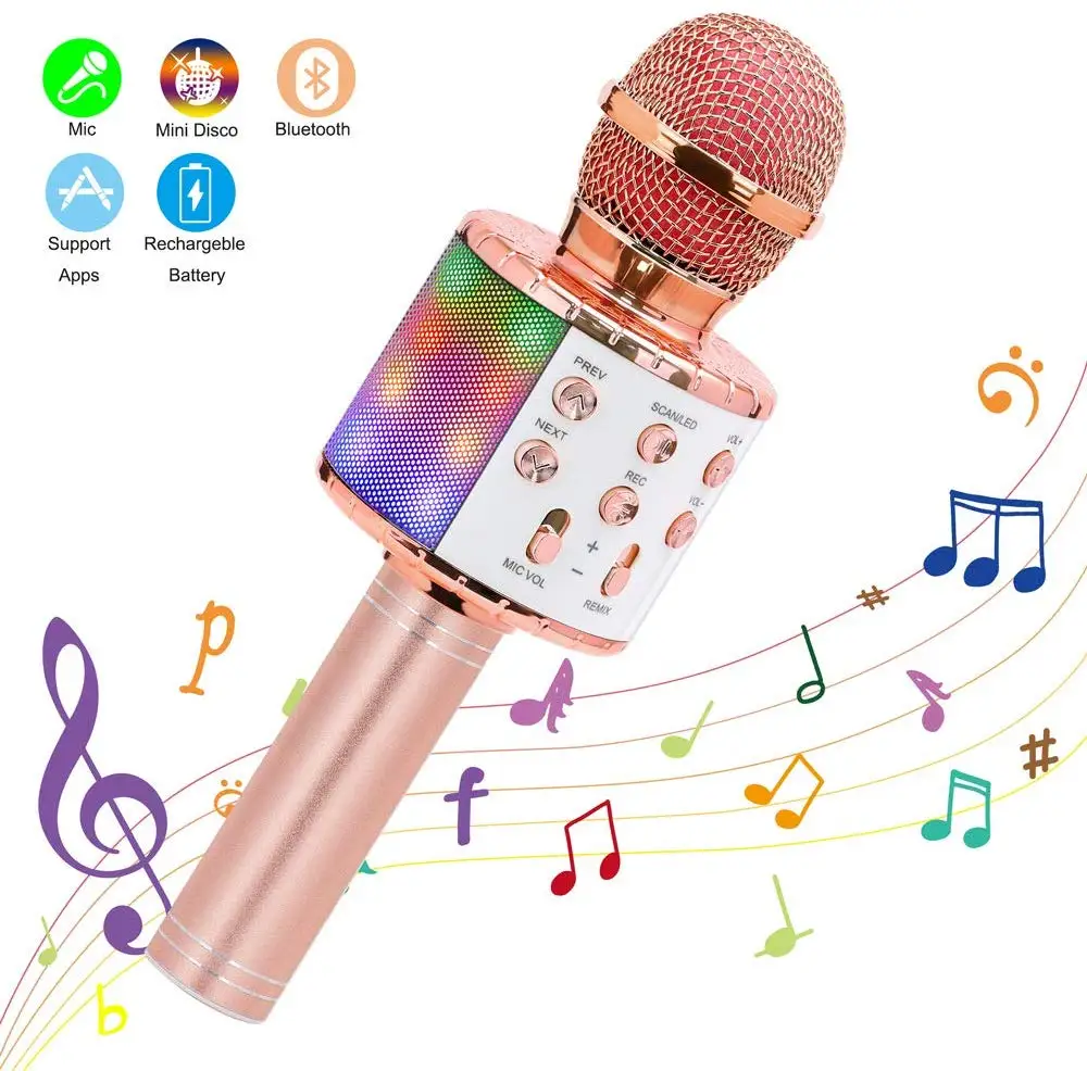 

Wireless Karaoke Microphone Bluetooth Handheld Portable Speaker Home KTV Player with Dancing LED Lights Record Function for Kids