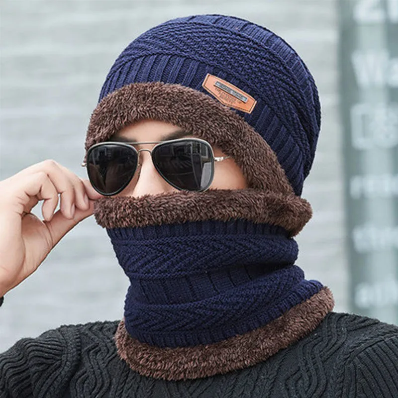 Ski Cap & Scarf Set Unisex Warm Leather Warm Winter Hats Men Women Knitted Hats Cap Warm Cap Skullies Beanies