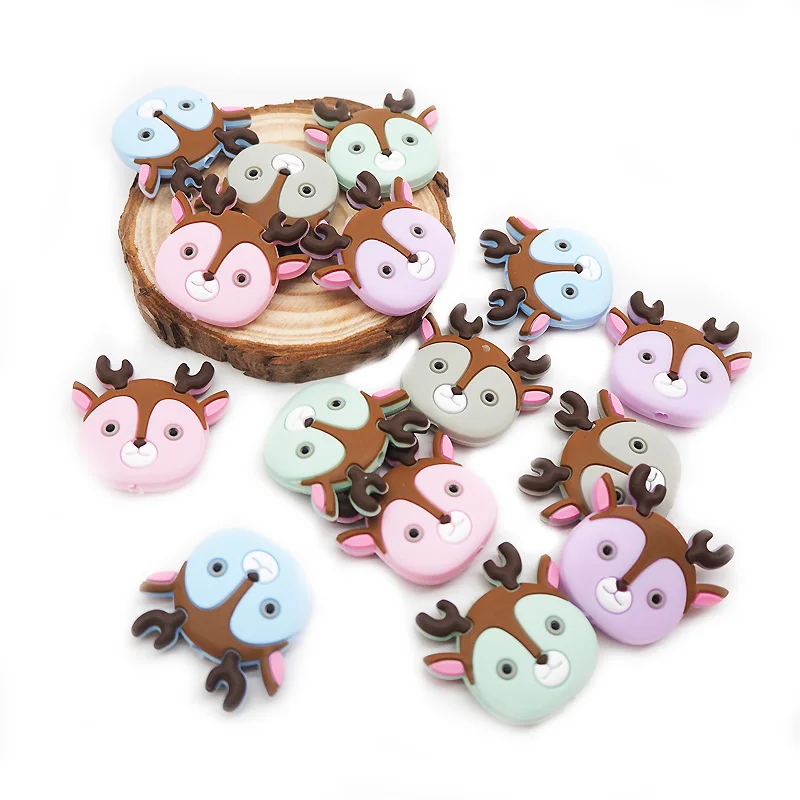 

Chenkai 50PCS BPA Free Silicone Deer Head Bead Baby Teething Nacklace Beads For Baby Chewable Dummy Cartoon Pacifier Accessories