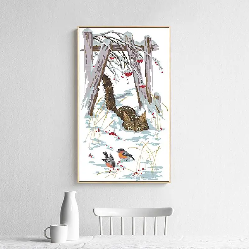 Joy Sunday cross stitch kitten play in the snow printed embroidery kits Aida 11CT 14CT counted and stamped set room decor crafts