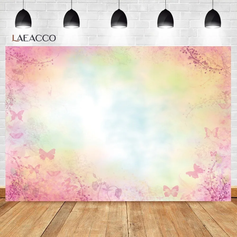 

Laeacco Princess Pink Gradient Photocall Background Butterfly Flowers Baby Poster Portrait Photographic Backdrops Photo Studio