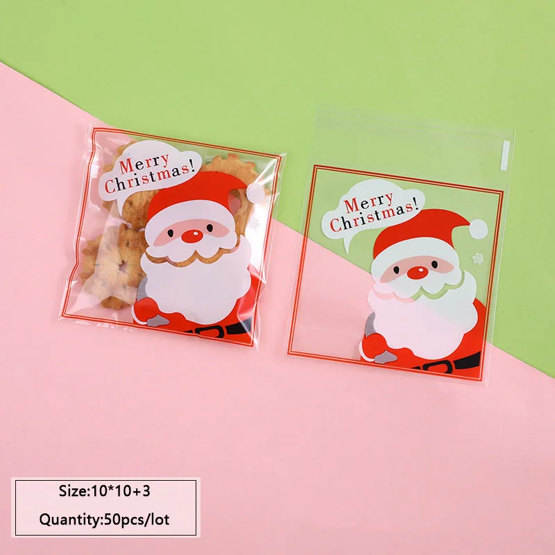 50pcs Red Border Cookie Christmas Wrapping Bags Cartoon Cute Santa Claus Transparent Dessert Cellophane Self-Stick Biscuit Bag