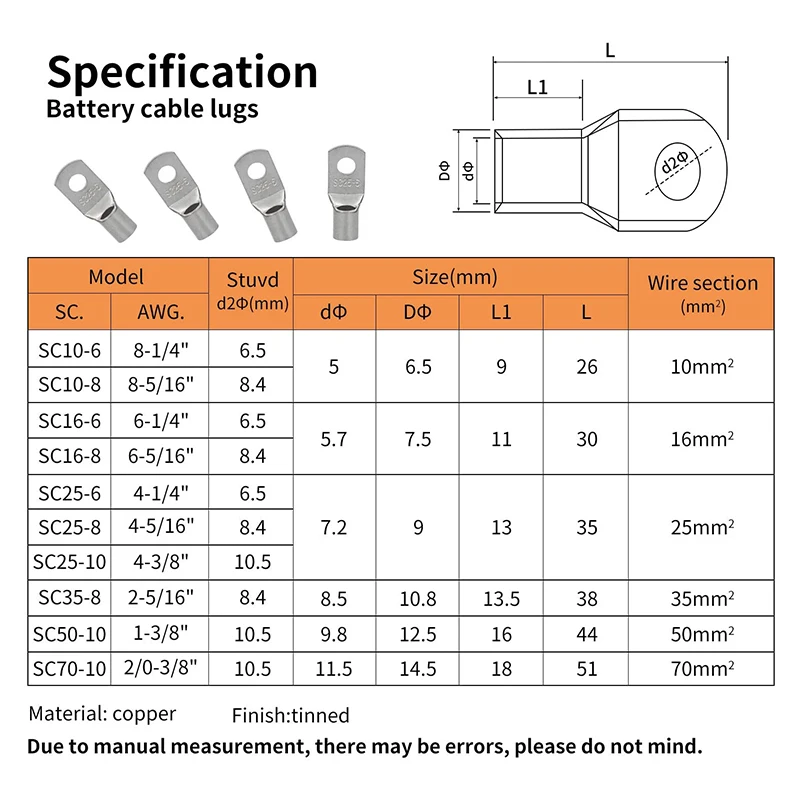 110pcs Cable Lugs Tinned Copper Clips Ring Copper Battery Connections Plug Cable Lugs Tubular Cable Lugs SC10-6 Wire Connecter