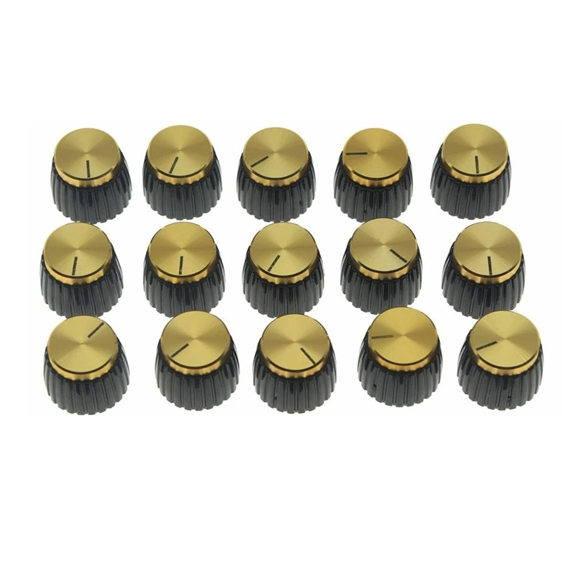 15Pcs Guitar AMP Amplifier Push on Fit Knobs Black with Gold Aluminum Cap Top Fits 6Mm Diameter Pots Marshall Amplifiers