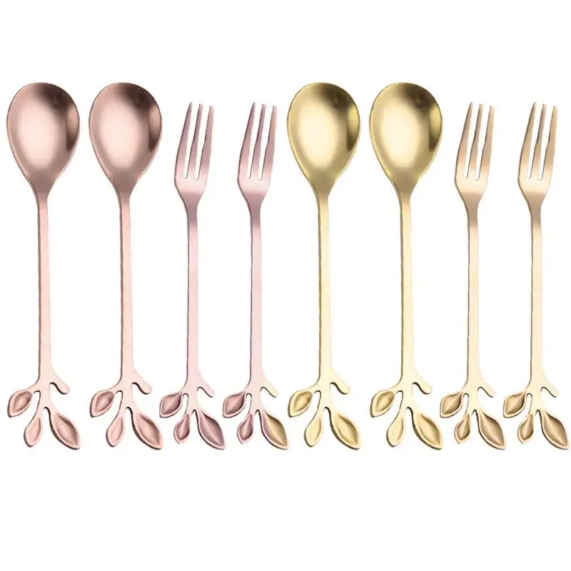 Coffee Spoon Fork Set Creative Leaf Decor Stainless Steel Dessert Fork Food Pick With Coffee Spoon Coffee Tools Accessories