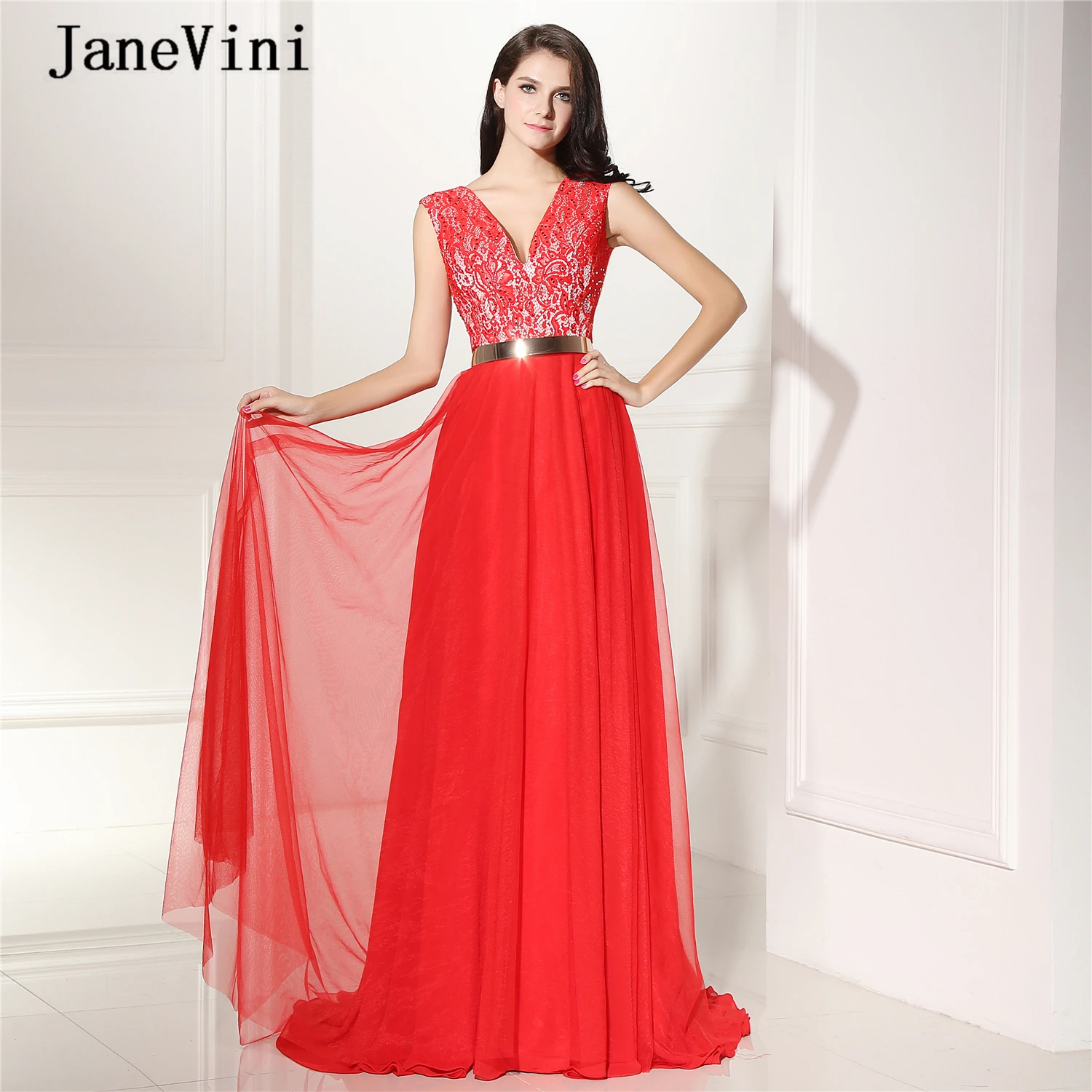 

JaneVini 2019 Elegant Red Lace Long Prom Dresses Deep V Neck Sleeveless Beaded Tulle A Line Gala Formal Dress Vestido Largo Gala