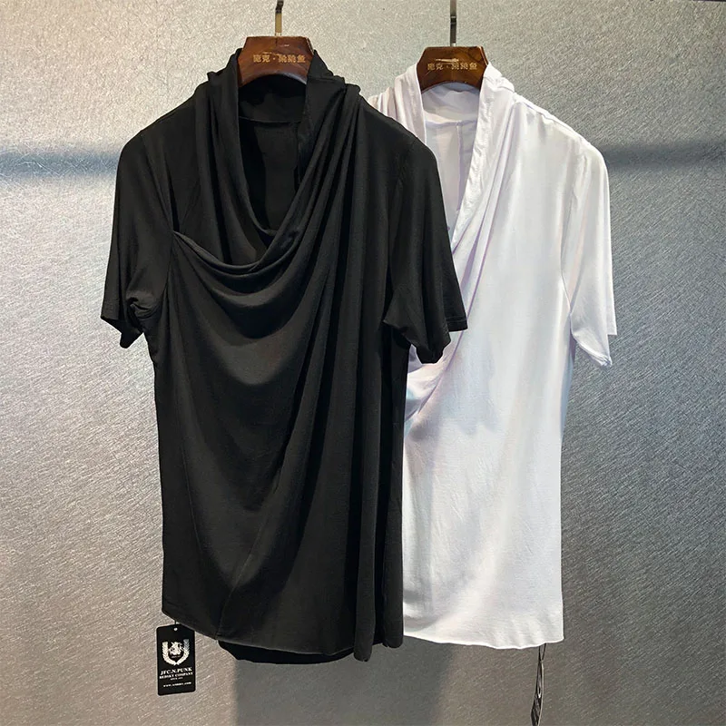 Men's new stage style personality inclined collar loose large size men's T-shirt, pure color stretch hip-hop short sleeves