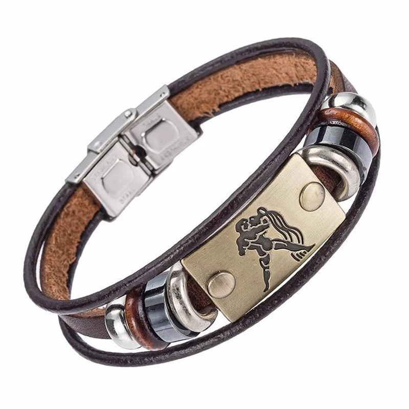 Drop Shipping Hot Selling Europe Fashion 12 zodiac signs Bracelet With Stainless Steel Clasp Leather Bracelet for Men B002