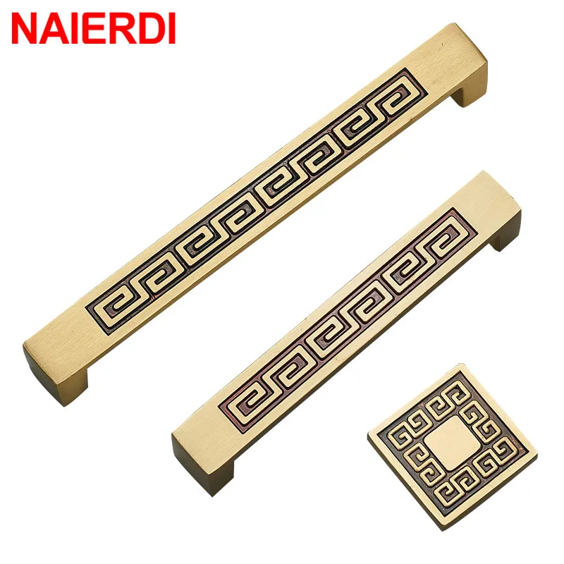 NAIERDI Gold Pure Copper Kitchen Cabinet Handles Cupboard Door Pulls Drawer Knobs European Vintage Brass Furniture Handle