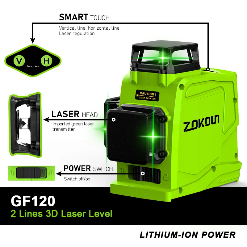 ZOKOUN GF120 3D Marchio Tedesco Modulo Verde Laser a Livello di Linea 5200mah Della Batteria di Controllo A Distanza Orizzontale e Verticale