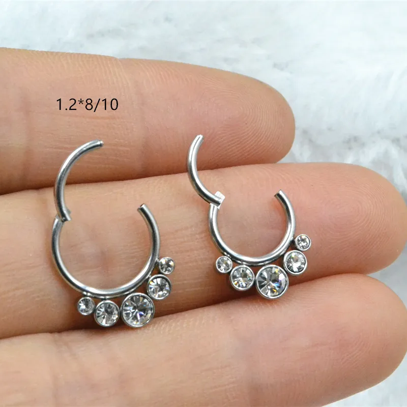 20pcs/Lot 5 Gems Surgical Steel  Nose Ear Hinged Segment Earring Nose Clicker Cartilage Helix  Hoop Septum  Rings 16GX8/10MM