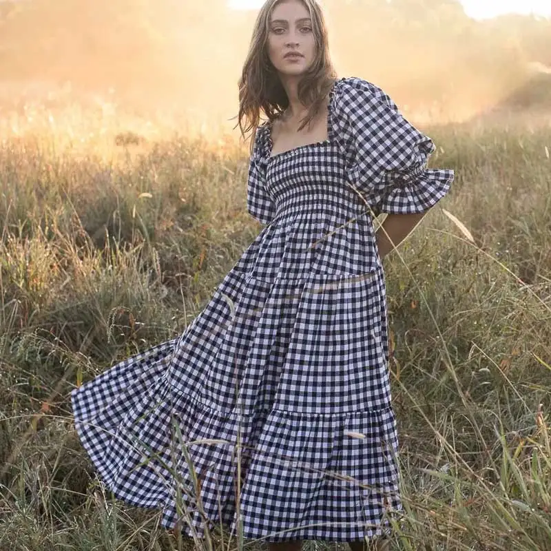 Boho Inspired black white gingham cotton summer dress for women bow tied smocked bust vintage maix dress new boho beach dress