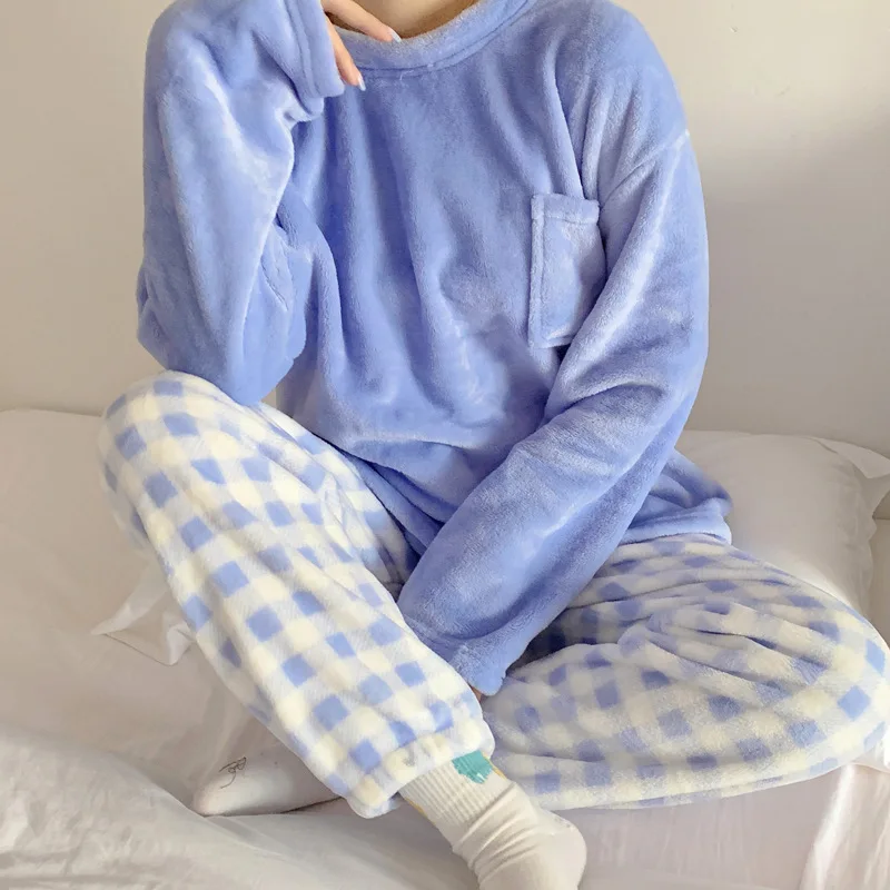 Sweet Pajama Sets Women Candy Color Long Sleeve Tops Bundle Pants Plaid Students Sleepwear Flannel Fashion Cozy Thicker Lounge