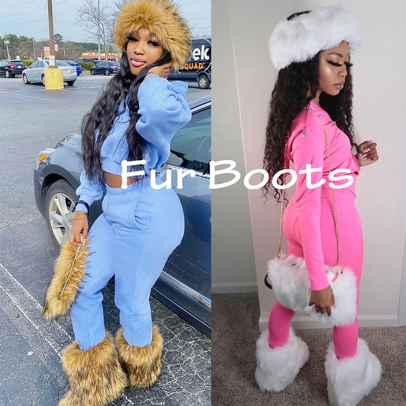 Boot Female Women Lady Faux Fox Fur Ankle Boot Bag Headband Set Furry Snow Boots Fluffy Plush Boots Amazing Shoes and Purse