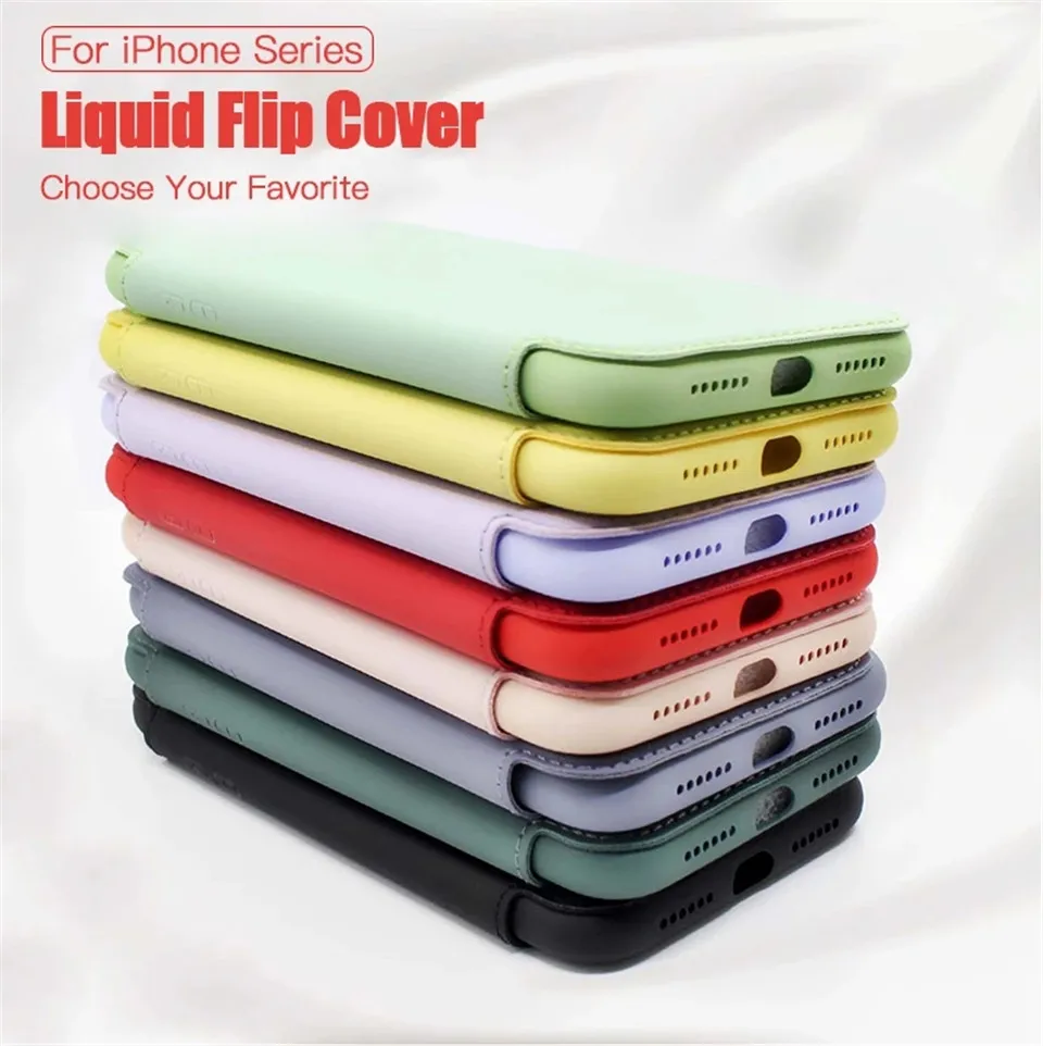 Luxury Original Liquid Silicone Flip Case For iPhone 15 14 13 12 11 Pro Max XS XR 8 7Plus 12 Mini Wallet Card Holder Book Cover