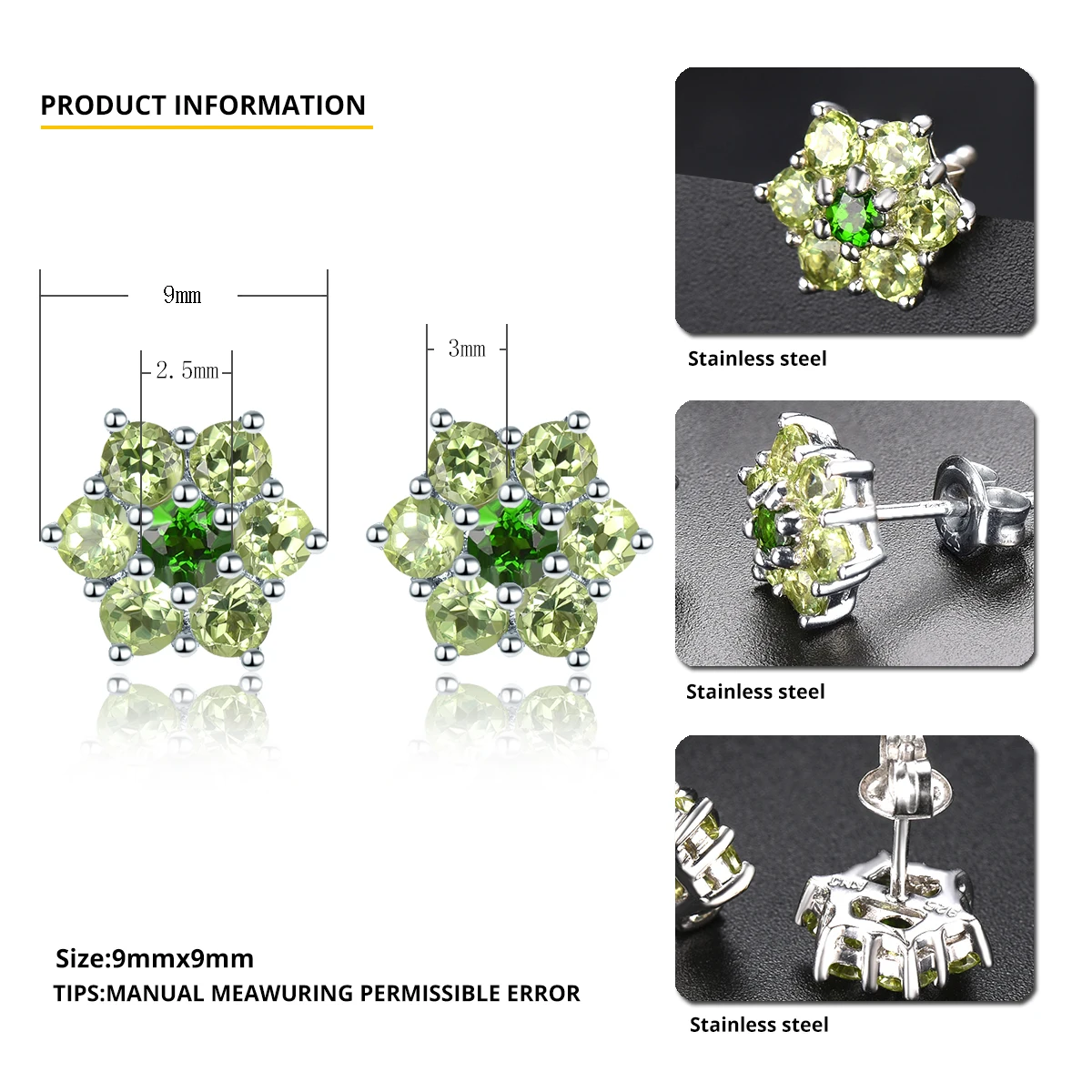 Hutang Earrings 925 Silver Jewelry Natural Peridot Diopside Green Stone Stud Earrings for Women, Elegant Classical Wedding Gift