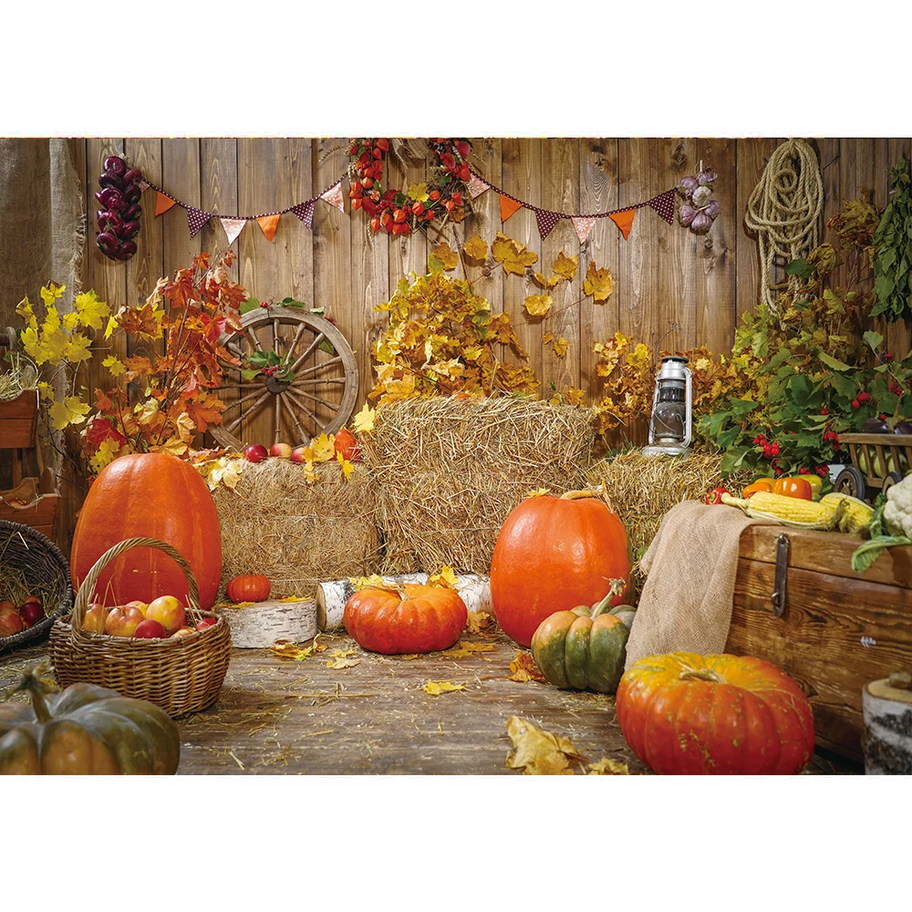 Allenjoy Autumn Photography Backdrop Fall Forest Leaves Wood House Pumpkins Barn Hay Children Photo Studio Background Photocall