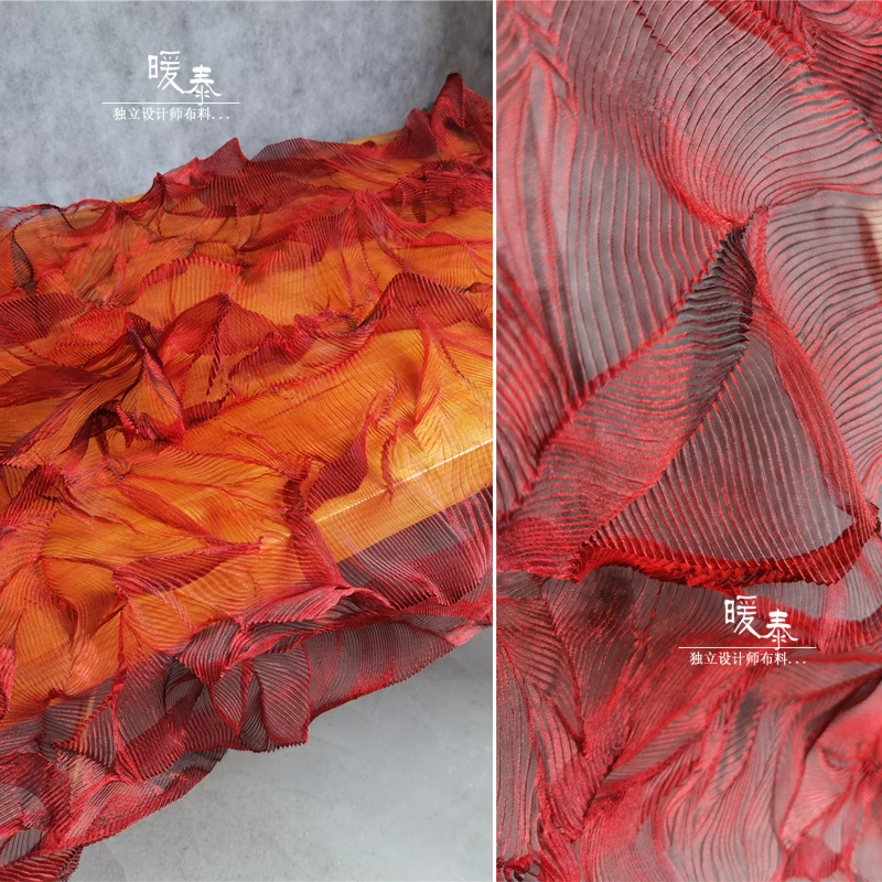 

Transparent Pleated Tulle Fabric Wine Red Leaf-Shaped Folds DIY Background Decor Skirts Dress Clothes Designer Fabric