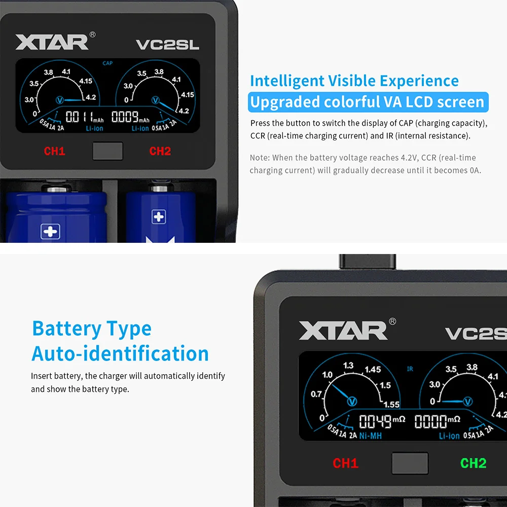 XTAR 18650 Battery Charger Powerbank Function USB Type-C Charging Rechargeable Li-ion Batteries 21700 1.2V AAA AA Charger VC2SL