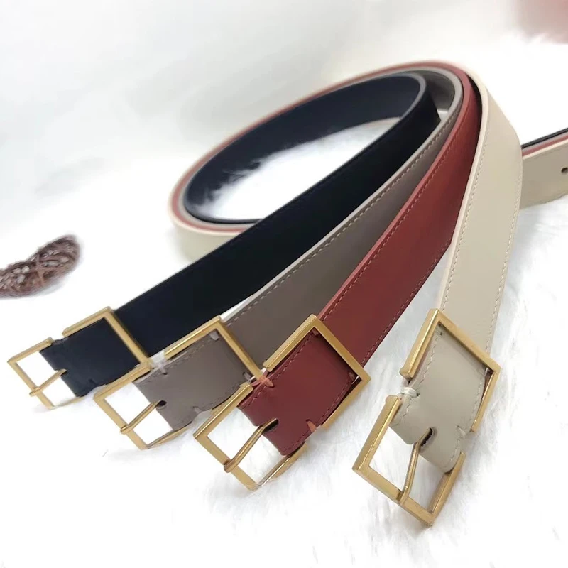 Designer Gujin policy buckle plain cowhide belt leather women\'s casual trouser belt dress decorative belt