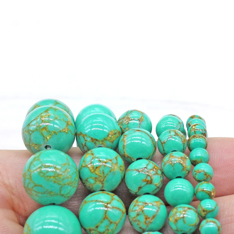 Round Green Gold Line Turquoises Stone Beads Loose Bead For Jewelry Making DIY Bracelet Necklace Jewelery 4/6/8/10/12mm 15inches