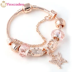 Yexcodes Rose golden butterfly Charm Bracelet With An crown Beads Fits Fine Bracelet Women Party Jewelry Dropshipping