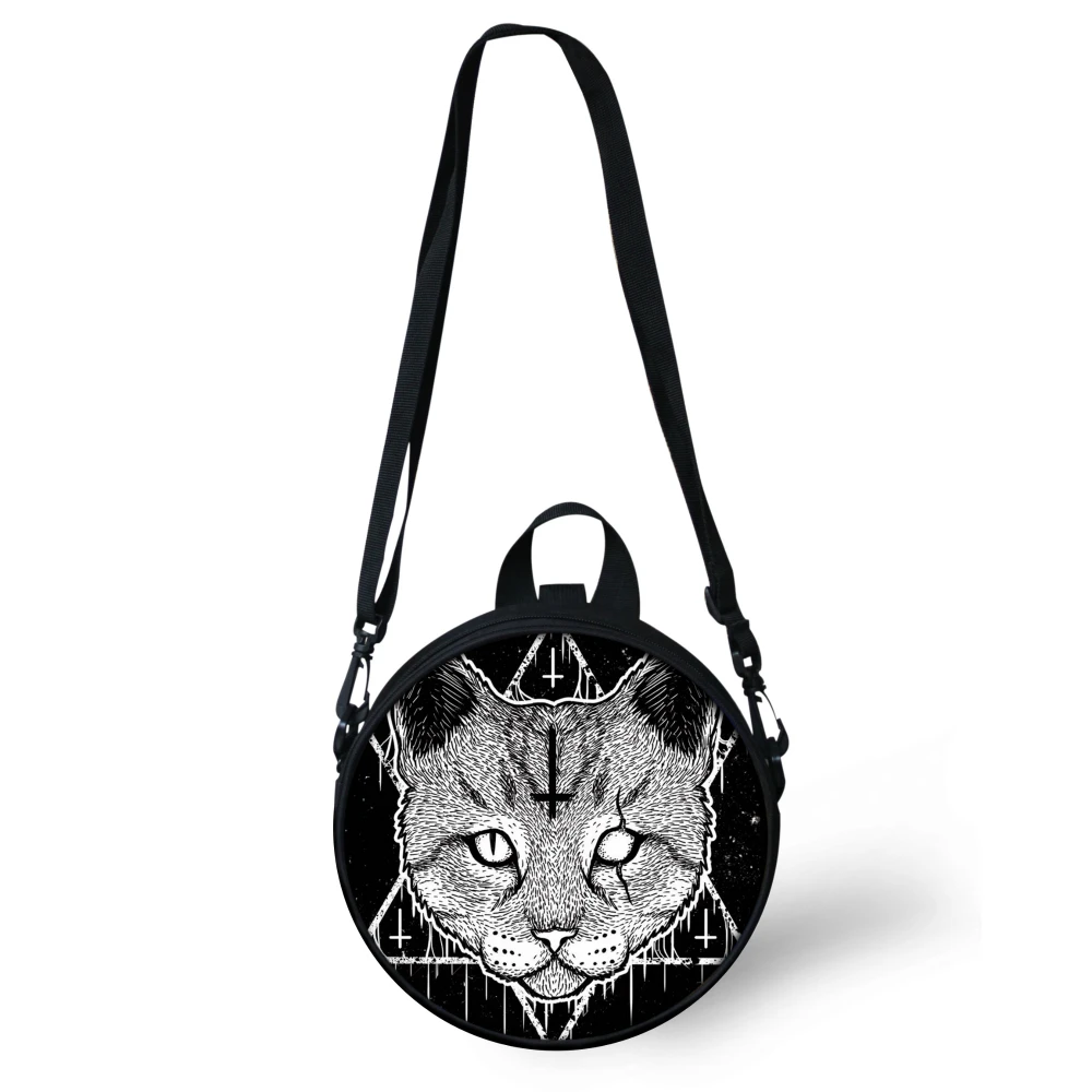 ELVISWORDS Retro Witchcraft Black Cat Circular Messenger Bags For Women Boys Crossbody Satchel Gothic Girls Round Shoulder Bags