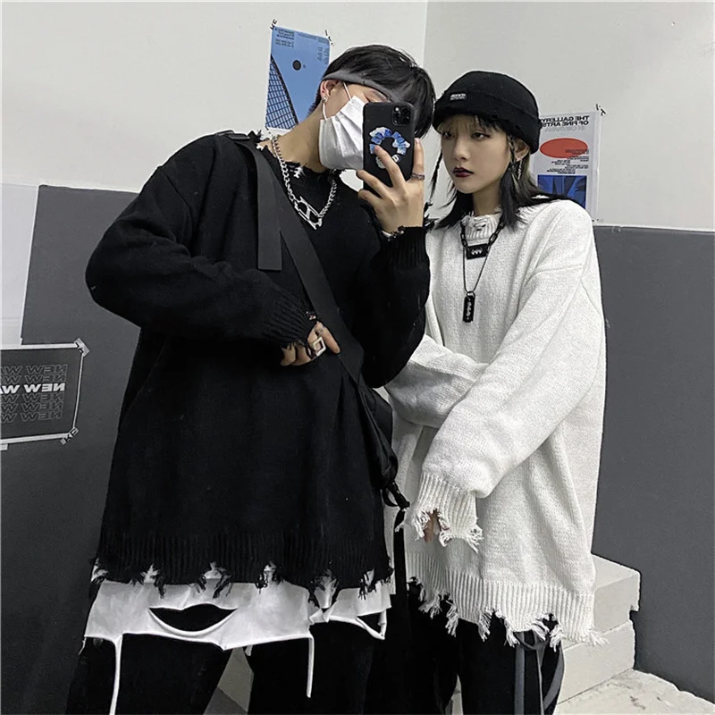 Hip Hop Sweater Couple Fashion Streetwear Vintage Hole Long Sleeve Solid Korean Jumpers Black Casual New Oversized Knit Sweater