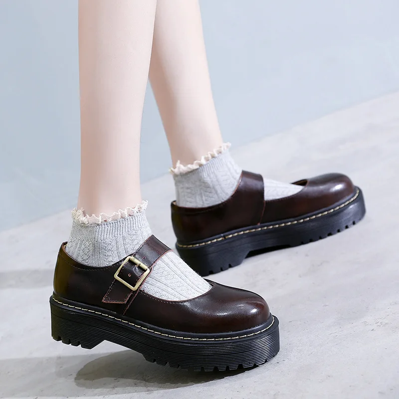 Mary Jane Shoes Nice Pop Thick-soled College Style Leather Shoes Female Vintage Round Shoes Harajuku Lolita Genuine Leather