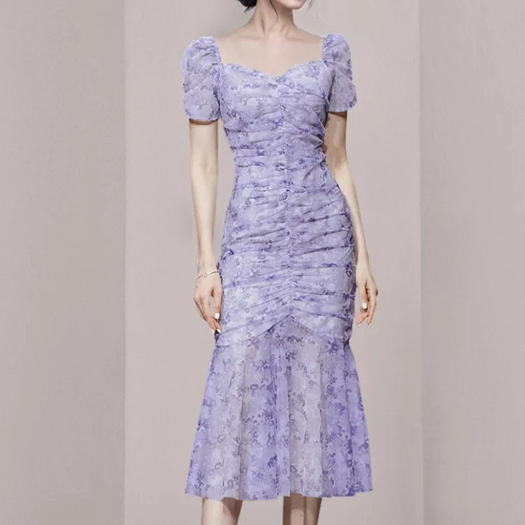 Elegant Temperament Romantic Purple Flowers Party Dress 2023 Women Square Collar Puff Sleeve Slim Ruched Ruffle Fishtail Dress