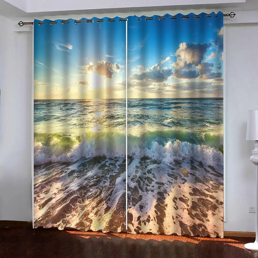 

Custom blue curtains beach waves 3D Blackout Curtains For Living room Bedding room Drapes Cotinas